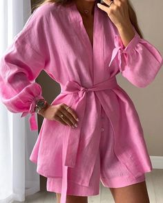 Kimono Summer Outfit, Suit With Shorts, Cotton Outfit, Mode Abaya, Long Sleeve And Shorts, Cotton Kimono, Belt Design, Belt Style