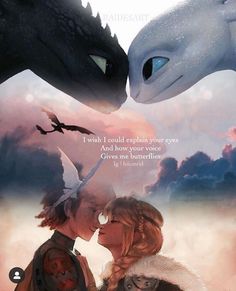 the poster for how to train your dragon is shown with an image of two people kissing