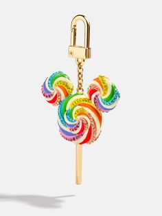 a colorful lollipop keychain with a mickey mouse head on it's side