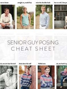 the senior guy posing sheet is shown in many different styles and colors, including shirts