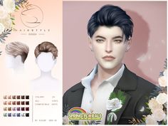 an image of a male model with flowers on his lapel and hair color swatches