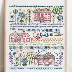 a cross stitch pattern with the words home is where the heart is