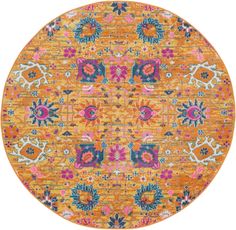 an orange rug with colorful flowers and leaves on it, in the middle of a white background