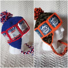 two hats made to look like they have beer cans on them, one is blue and the other is orange