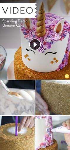 the cake is decorated with pink and purple flowers, unicorn ears, and gold glitters