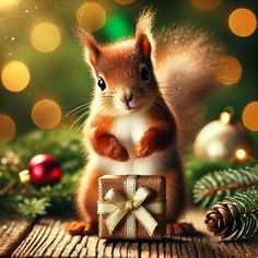 a squirrel holding a gift box with a christmas tree in the background