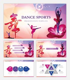 the dance sports presentation template is shown in three different colors and sizes, with an image of