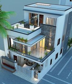 an aerial view of a two story house with balconies and palm trees in the foreground