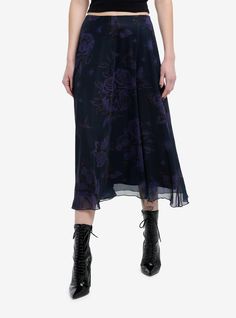 Try some dark florals for spring. From Cosmic Aura  this black mesh midi skirt is line and printed with dark purple roses and butterflies. Elasticated waistband.95% polyester; 5% spandexWash cold; dry lowLength: 39"ImportedListed in junior sizesModel is 5'10"Model wears size Small