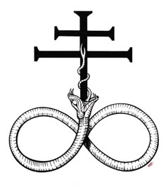 a cross with two snakes on it and one snake wrapped around the cross, as well as an anchor