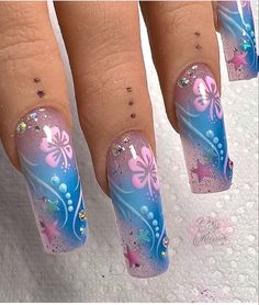 Blue Nails Trendy Unghie Sfumate, Tropical Nails, Dot Nail Art, Airbrush Nails, Summery Nails, Y2k Nails, Mermaid Nails, Kawaii Nails