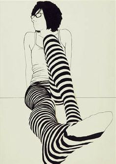 a black and white drawing of a woman in striped stockings