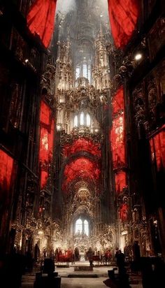 the interior of a cathedral with red curtains