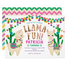 llama fun birthday party card with an image of two llamas and cactus