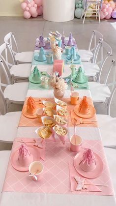 a table set up for a party with plates and cups