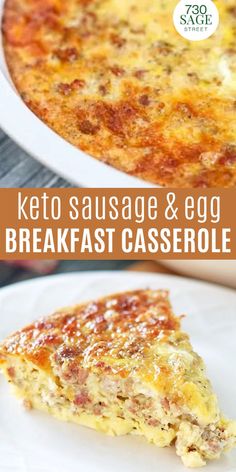 an easy breakfast egg and sausage casserole is shown on a white plate with the title overlay