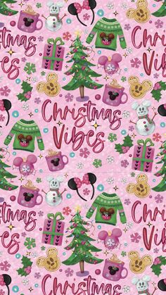 christmas sweaters and trees on pink background with the words merry vibes written in red