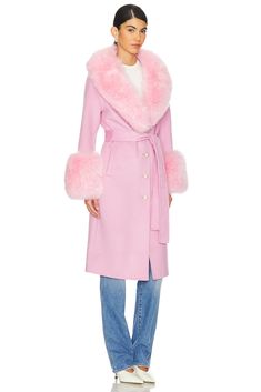 Self 1: 100% dyed fox fur, Self 2: 70% wool 30% cashmere, Lining: 100% polyester.  Made in China, Fur origin: China.  Dry clean only.  .  Front crystal-embellished pearl button closure.  Front slant welt pockets, Detachable and adjustable waist belt.  Detachable fox fur trim, Back vent, Heavyweight wool fabric.  .  .  .  .  .  .  .  .  . Luxury Pink Wool Outerwear, Designer Faux Fur Trim Winter Coat, Luxury Faux Fur Spring Coat, Chic Wool Fur Coat With Faux Fur Trim, Designer Fitted Fur Coat With Faux Fur Trim, Fitted Designer Fur Coat With Faux Fur Trim, Luxury Fitted Fur Coat For Spring, Elegant Pink Fur Coat For Fall, Fitted Wool Fur Coat With Faux Fur Trim