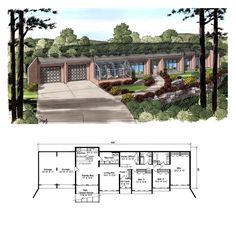 two story house plans with garage and living room in the middle, surrounded by trees