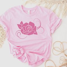 Custom Pink Rose Graphic Tee - Pink Bella Canvas Tee - Pink Design - Sm-3x - Made To Order - 100% Airlume And Ring Spun Cotton Rose Print Tops For Spring, Casual Rose Print Tops In Rose Color, Casual Rose Print Tops, Casual Rose Cotton Top, Pink Rose Print T-shirt For Summer, Casual Pink T-shirt With Rose Print, Casual Pink Rose Print T-shirt, Rose Color Crew Neck Top With Rose Print, Casual Rose Tops With Rose Design