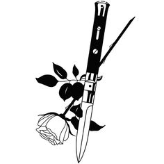 a black and white drawing of a knife with flowers