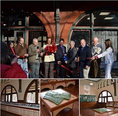 several pictures of people standing in front of a building and one is cutting the ribbon