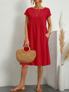 11 Colors Round-Neck Solid Color A-Line Midi Dress Summer Dresses Knee Length, Boho Midi Dress, A Line Shorts, High Waist Dress, Round Neck Dresses, Vestidos Vintage, Vestido Casual, Dress For Short Women, Aaliyah