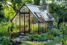 a small greenhouse in the middle of a garden with lots of plants and flowers around it