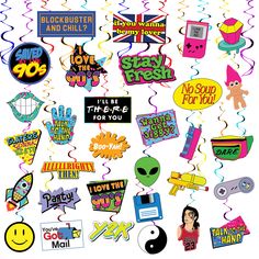 an assortment of party decorations and stickers