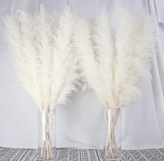 two clear vases with white feathers in them