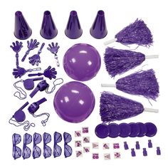 purple party supplies and decorations on a white background