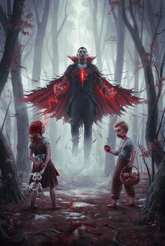 two children are standing in front of a creepy man with red hair and blood on his face