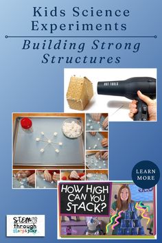 the book cover for kids science experiments and building strong structures, with pictures of people working on