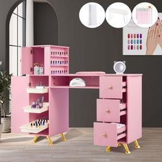 a pink desk with lots of drawers on it