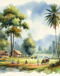 a painting of people and horses on a country road near a lake with palm trees