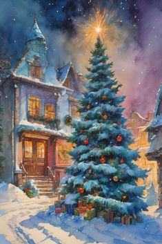 a painting of a christmas tree in front of a house