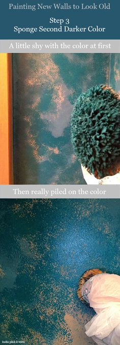 two pictures showing how to paint a wall with different colors and patterns, one is green and the other is blue