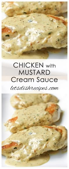 chicken with mustard and cream sauce is shown on a white plate in three different views