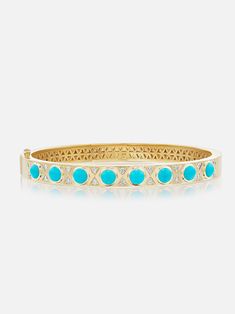 18k yellow gold hinged bangle with turquoise cabochons and diamond details. The perfect way to elevate your wrist stack, the Turquoise Cabochon bangle is one-sided and features a comfortable single hinge for ease of wear. Looks great alone or paired with friends! Made to order. The current lead time is 8-10 weeks. Turquoise Jewelry Gold, Turquoise Bangle, Wrist Stack, Hermes Bracelet, Wrist Stacks, Wrist Accessories, Hinged Bangle, Dream Jewelry, Gold Jewellery