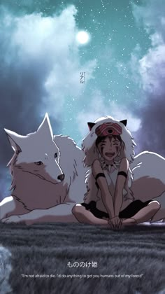 an anime character sitting on the ground with two white wolfs in front of her