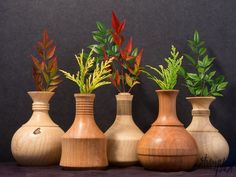 three wooden vases with plants in them