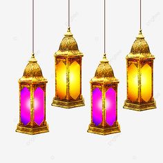 three hanging lanterns with different colors and designs on the strings, lantern, lamp png and psd