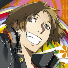 an anime character with brown hair and blue eyes smiling at the camera, in front of a colorful background