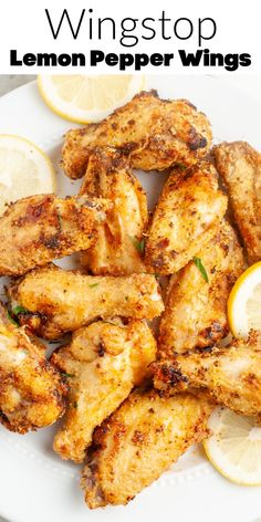 lemon pepper wings on a white plate with text overlay