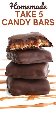 three chocolate candy bars stacked on top of each other with the words homemade take 5 candy bars