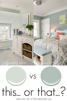 a bedroom with blue and white paint colors on the walls, and an image of a bed