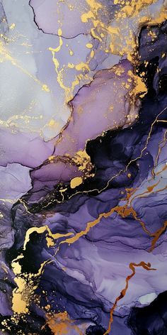 an abstract painting with gold, purple and black colors on it's surface is featured in this image