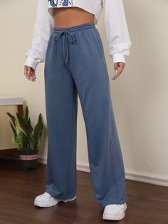 Dusty Blue    Polyester Plain  Embellished Slight Stretch All Women Bottoms Straight Sweatpants, Women Sweatpants, Jeans Outfit Women, Blue Sweatpants, Sweatpants Outfit, Fashion Top Outfits, Wide Leg Sweatpants, Polyester Pants, Blue Pants