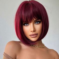 Super Cute And Stylish Ships In 5-10 Business Days Fuschia Hair, Red Bob Hair, Shoulder Length Hair With Bangs, Full Bangs, Wig Colors, Wig Curly, Hair Color Burgundy, Fun Hair, Pretty Hair Color