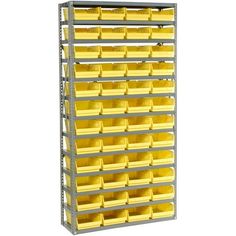 a metal shelving unit with yellow bins